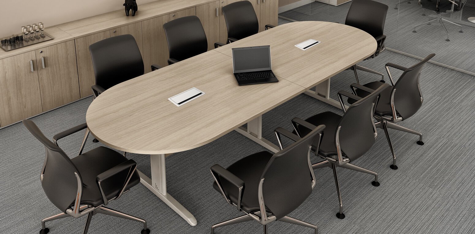 Mesa de reunião tampo oval, várias cores e medidas, opções com caixa de tomada.